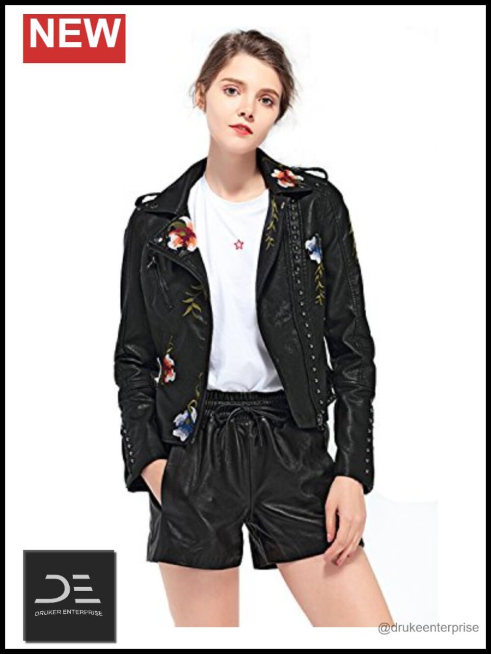 Floral Embroidered Faux Leather Moto Jacket Long Sleeve Zipper Coat